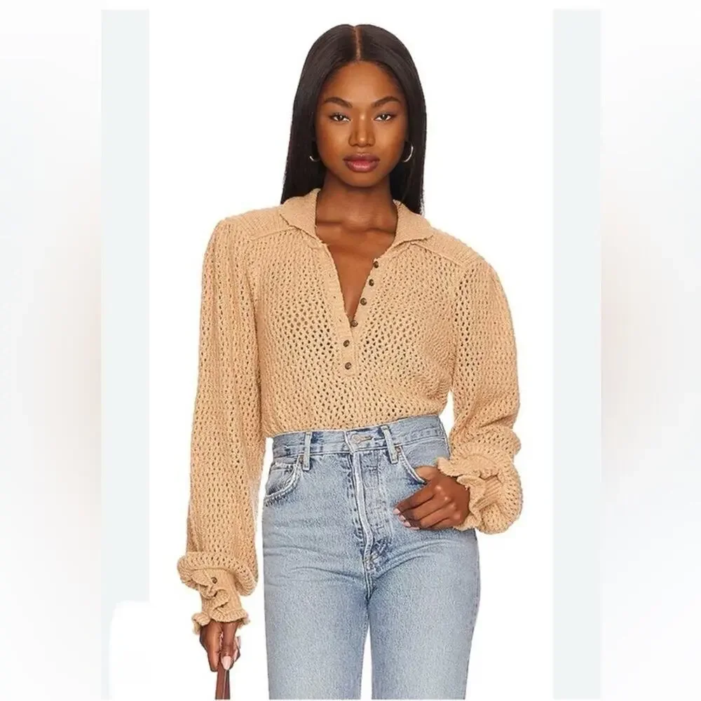 Free People Care FP Snowdrift Pullover Sweater in Camel Heather Size Small